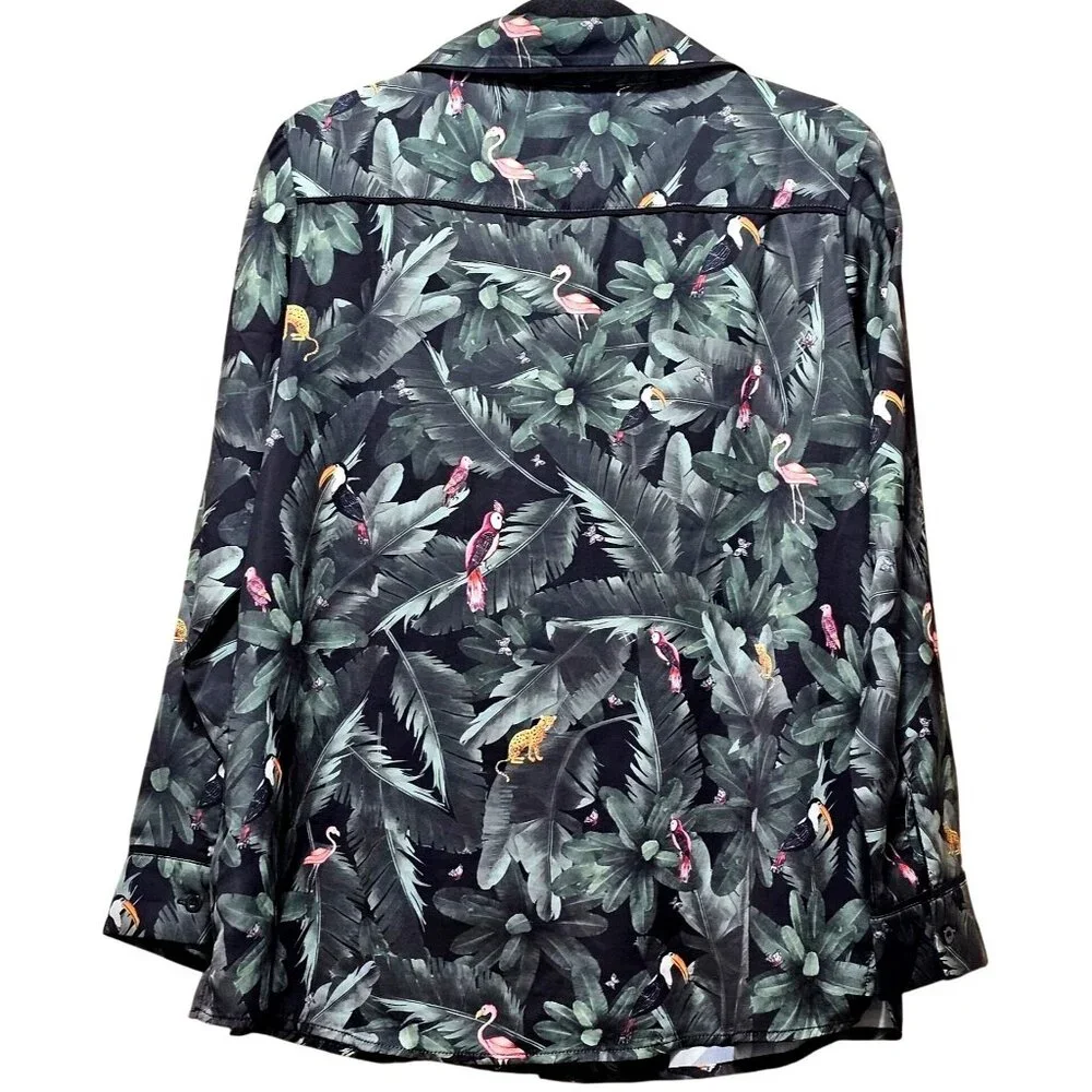 Plush Women's Jungle Print Button-Up Pajama Top S Polyester Blouse - Picture 3 of 7